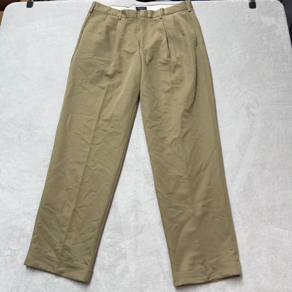 Dockers Mens Khaki Tan Microfiber Pleated Cuffed Dress Pants 36x32